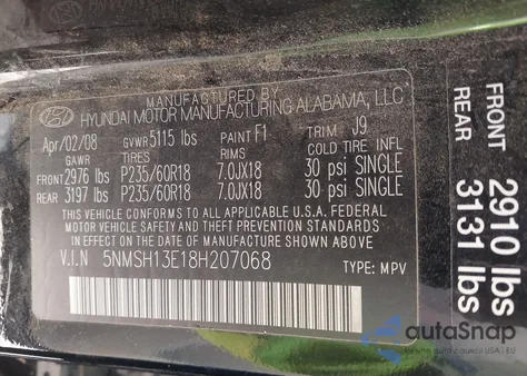 2008 Hyundai Santa Fe Limited/Se z USA, uszkodzony, nr VIN 5NMSH13E18H207068